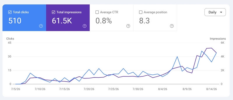 Leistungsdiagramm der Google Search Console: 510 Klicks und 61.500 Impressionen insgesamt