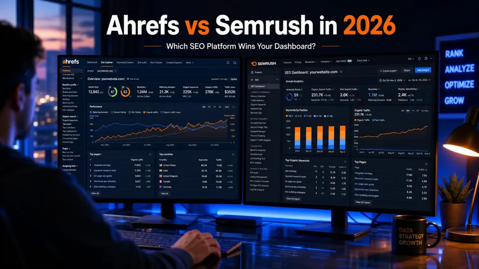Ahrefs ir Semrush 2026 valdymo skydai dviejuose monitoriuose su SEO diagramomis ant minimalistinio stalo