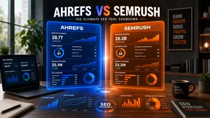 Ahrefs ir Semrush palyginimo išdėstymas su pažymėtais stulpeliais modernios SEO darbo vietos su dviem monitoriais fone